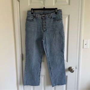 SoundStyle Button-Fly Straight Leg Jeans in Light Blue Wash Frayed Hem